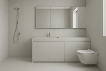 Minimalist bathroom with seamless surfaces, handleless design, and light grey palette