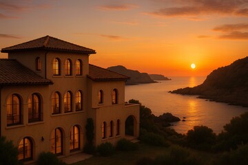 Mediterranean-style villa with arched windows, terracotta roof, and view of rocky bay at sunset
