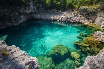 Naklejka premium Clear turquoise waters reflect sunlight, showcasing the beauty of a former quarry. Lush greenery borders the stunning lake, creating a serene environment ideal for relaxation and exploration