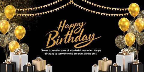 Happy Birthday background design. Happy birthday to you greeting text with elegant gift boxes and gold ribbon birth day party elements for celebration card design.