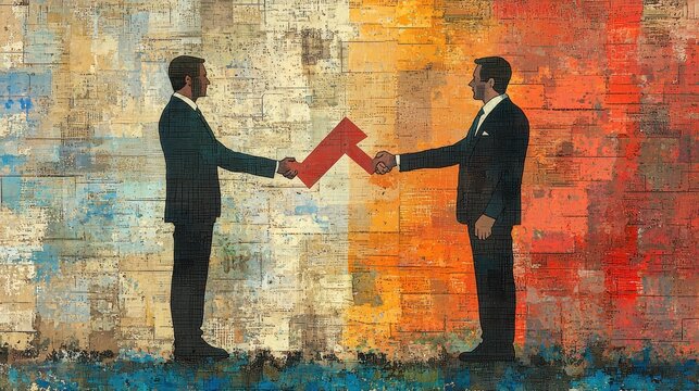 A handshake, symbolic of collaboration, between two figures against a backdrop of a dynamic rising arrow, symbolizing growth and success, against a vibrant, modern backdrop 