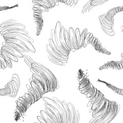 Black and white tornado seamless pattern outline vector sketch in energetic pen strokes. Swirling wind motion as hurricane ink art on repeated background. Spiral minimalist line illustration.