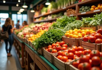 vibrant fruits vegetables fresh market display colorful organics clean layout, produce, seasonal, tomato, carrot, pepper, cucumber, herb, leafy, greens