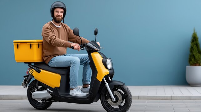 Contactless food delivery concept with courier riding electric scooter, wearing helmet and gloves, urban background, safety, speed, and convenience