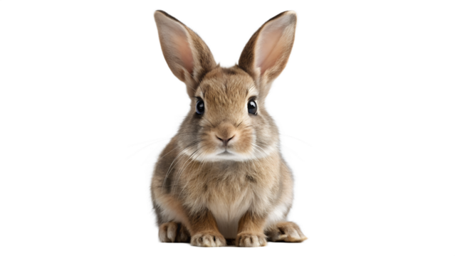 A cute brown rabbit with long ears sits attentively, looking forward with a curious expression, isolated on a transparent background