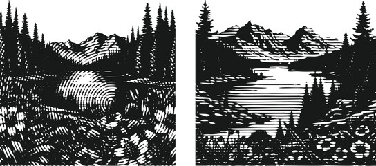  Monochrome lined engraving bundle of a tranquil lake with wild flowers, encircled by coniferous forest and distant mountain landscape, detailed vintage style vector illustration