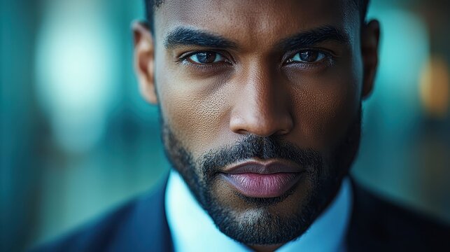 A portrait of a distinguished African American businessman, his face radiating an aura of wisdom and accomplishment, his dark eyes reflecting the depths of his experience and ambition 