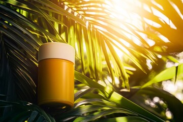 Under the warm glow of sunlight, a sunscreen bottle rests among vibrant palm leaves, evoking a sense of tranquility and summer in a tropical paradise