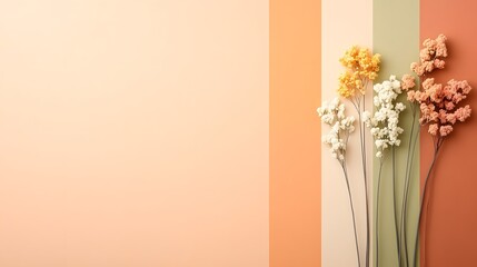 Vertical pastel striped background with dried flowers in soft orange and peach tones, minimal spring decor layout with copy space, vintage floral theme for natural design


