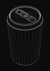 A 3D wireframe model of a soda can stands out against a black background, showcasing realistic details and clean lines. The stark contrast highlights the can's sleek design for drinks.