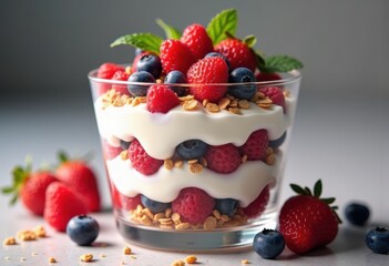 delicious creamy yogurt parfait topped fresh juicy berries layered fruit dessert delight, sweet, granola, strawberry, blueberry, raspberry, blackberry