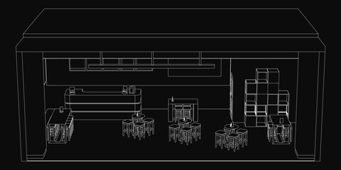 A cozy cafe with black and white sketch-style tables and chairs, set against a dark background. The drawing features clean lines and a minimalist aesthetic.