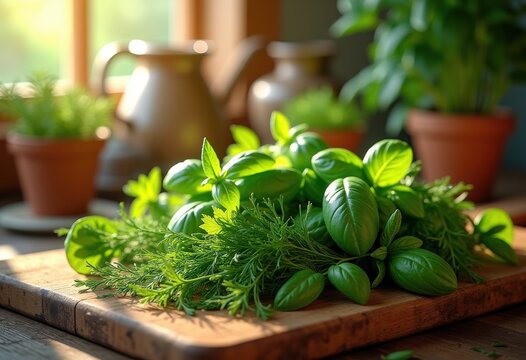vibrant herb selection fresh organic culinary delights rustic wooden cutting board kitchen garden harvest, vegetable, basil, parsley, cilantro, rosemary - Powered by Adobe
