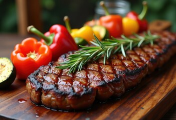 delicious grilled steak arrangement rustic wooden board perfectly executed culinary presentation barbecue flavor, cooking, food, cuisine, marbling