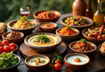 vibrant assorted mezze handcrafted stoneware exquisite table laydown culinary art colorful dishes mediterranean feast, food, salad, appetizer, herb, tomato
