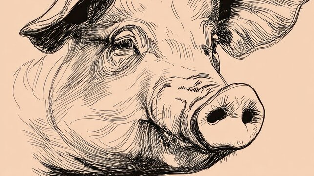 Close-up sketch of a pig's head