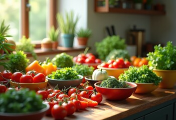 vibrant ingredients colorful prep bowls culinary art fresh natural healthy food ingredients colorful display kitchen cooking, spice, herb, preparation, textures