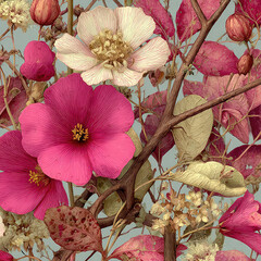 Autumn leaves on the ground in a seamless floral pattern, vintage nature illustration.