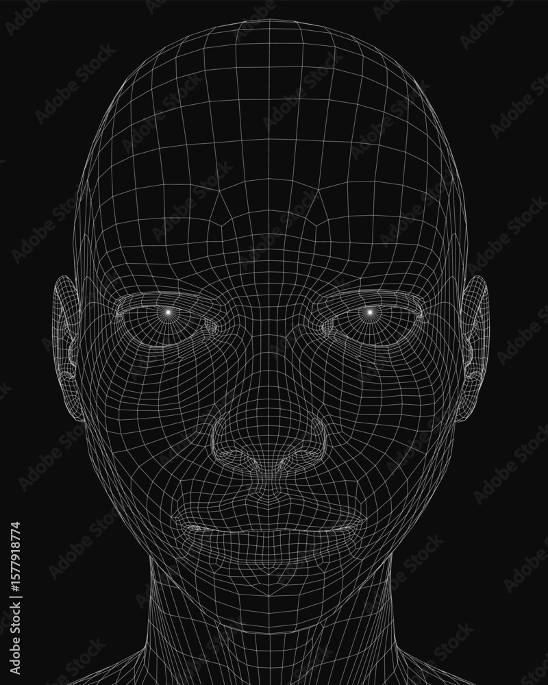Poster a 3d wireframe of a man's head features a detailed grid pattern, creating a realistic facial structu