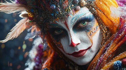 Festive Clown Portrait, Winter Wonderland, Confetti Background, Fantasy