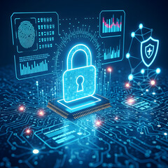 AI-Driven Cyber Defense: A High-Tech Visualization of Data Protection and Blockchain Security, Circuit Board Realms with HUD Interfaces and Biometric Encryption