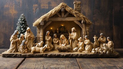 Christmas nativity scene, figurines, wooden background,  lit stable