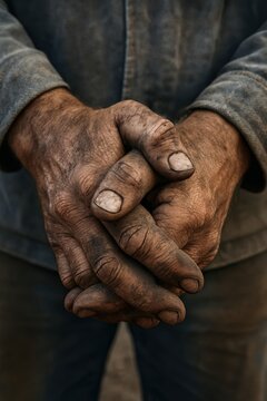 Close-up of weathered, dirty hands of a hardworking laborer, showing callouses, cracks, and dirt, symbolizing the toughness and hardship of manual work