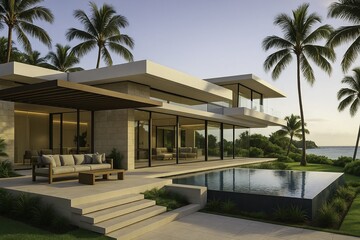 A luxurious modern villa exterior on a tropical coastline, framed by tall palm trees and a lush green landscape. The structure features a low-slung, L-shaped design with floor-to-ceiling.