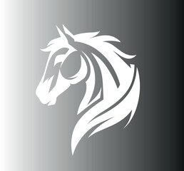 Elegant white horse head vector silhouette on dark gradient background, minimal monochrome illustration for logo, equestrian, branding or luxury design