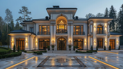 Obraz premium Empty driveway in front of the big white luxury dream house in the evening. Residential home building exterior, expensive dwelling, wealthy rich family property and yard.