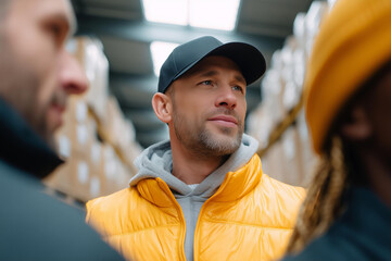 Warehouse logistics team coordinating shipments in industrial setting