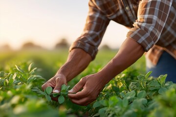 Farm Owner Inspecting Crops in Sunlit Field