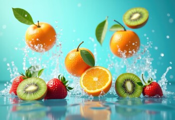 dynamic fruit levitation colorful vibrant visuals eye catching freshness healthy lifestyle juicy nutrition, banana, orange, grape, kiwi, peach, plum, cherry