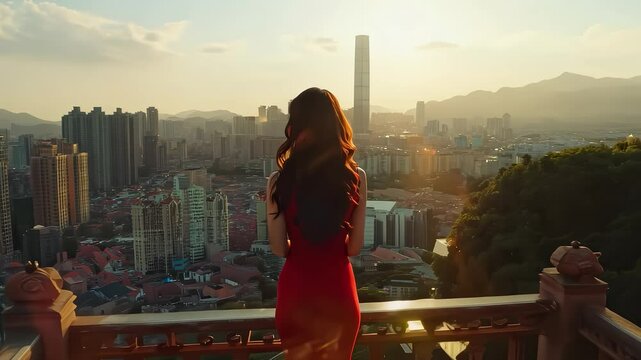 Woman in Red Dress Overlooking City Development Prospects