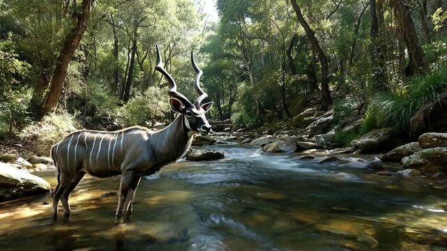 Graceful kudu amidst a serene river flowing through a lush green forest environment