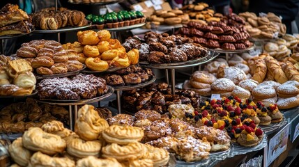 Obraz premium Assorted Pastries and Baked Goods on Display at a Bakery Market