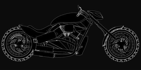 A black and white drawing of a sleek motorcycle with intricate details, showcasing its iconic design and dynamic curves. The stark contrast against the black background highlights its bold silhouette.
