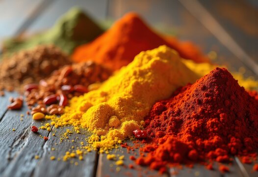 vibrant colorful spices artfully arranged rustic textured wood background culinary inspiration, kitchen, paprika, curry, turmeric, ginger, cumin