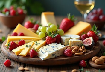 elegant assorted cheese platter colorful garnishes fresh fruits nuts fine cheese cuisine artistry, appetizer, spread, dairy, presentation, vibrant