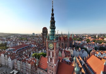 Aerial photo taken by drone over the historic tourist center of Gdansk, the city hall and the cathedral on a summer day, Poland, Europe