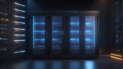 Locked server cabinet glowing with network light trails. Cybersecurity, Data Privacy. Generative AI