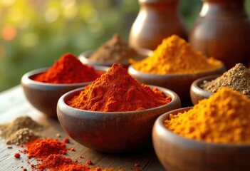 vibrant colorful spices rustic wooden bowls scattered across bright surface, input, food, display, fresh, natural, culinary, presentation, herb, market