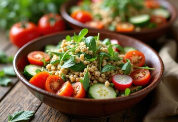 vibrant mediterranean bowls bursting fresh ingredients healthy meals colorful display vegetables seeds grains spices flavor, quinoa, chickpea, olive, oil