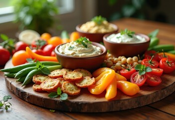 vibrant mezze spread colorful appetizers fresh vegetables artisan table healthy eating, food, dish, party, yogurt, olive, onion, parsley, hummus, pepper