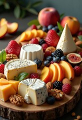 elegant cheese platter exquisite seasonal fruits nuts artfully arranged gourmet delight, appetizer, cheddar, brie, grape, fig, berry, walnut, almond