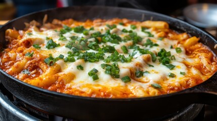 Baked Pasta Dish with Cheese and Green Onions in Skillet