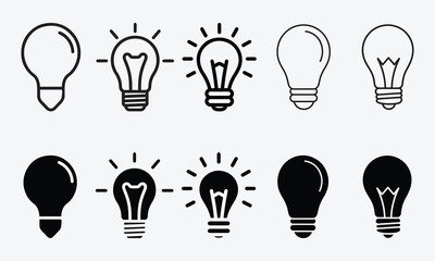 Set of Light Bulb Icons for Creativity and Ideas in Line and Silhouette Vector on White Background