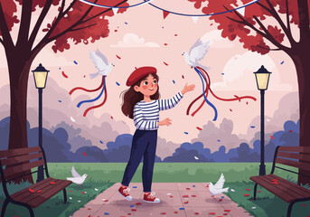 Bastille Day Delight A Parisian Celebration with Doves and Confetti, embracing the festive spirit.