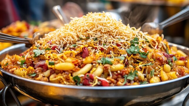 Colorful Indian Snack Bhel Puri with Crispy Noodles and Herbs