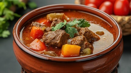 Delicious Beef Stew with Colorful Vegetables in Rustic Bowl